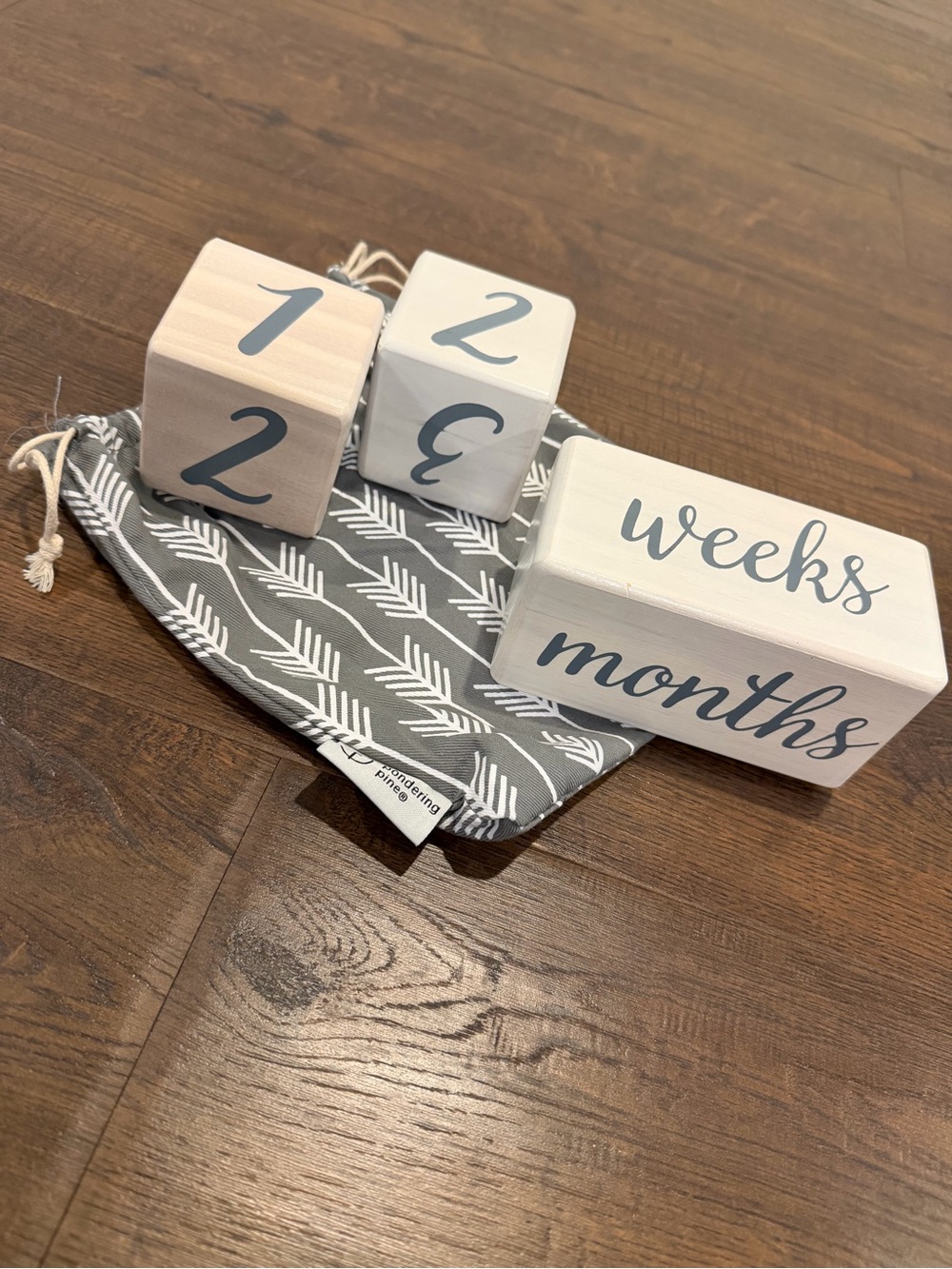 Wooden Baby Milestone Blocks with Gray Arrow Drawstring Bag